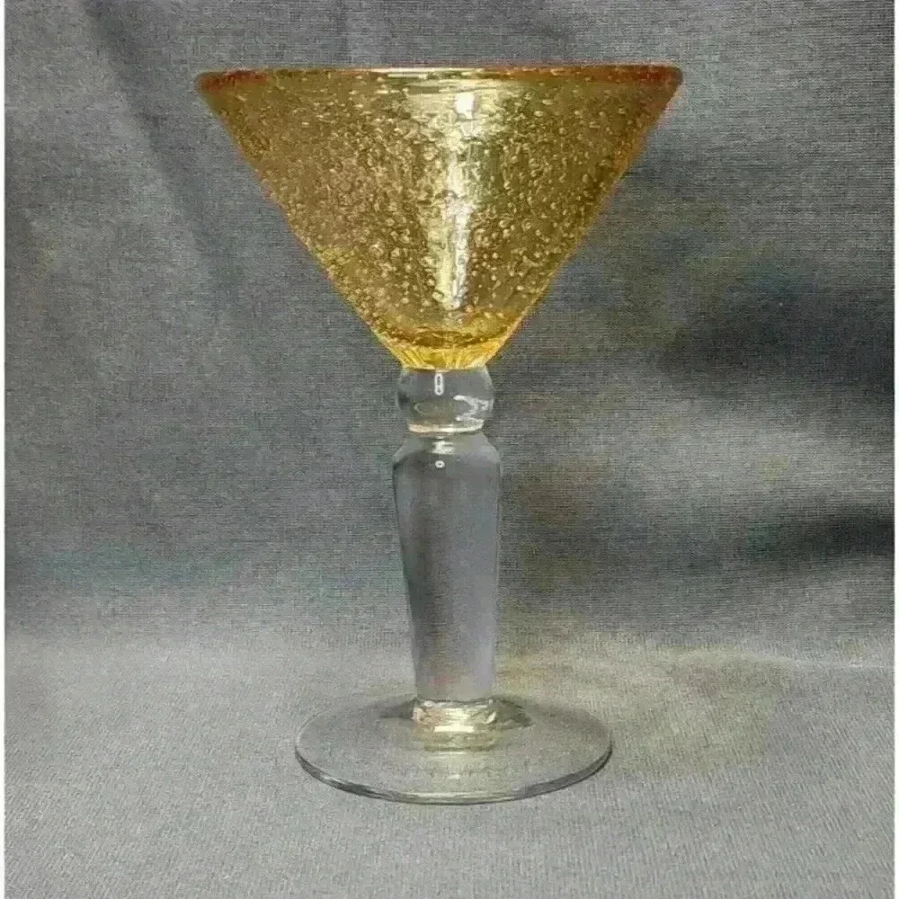 Vintage Hand Blown Bubble Art Glass Amber Martini Cosmopolitan Glasses Set of 2